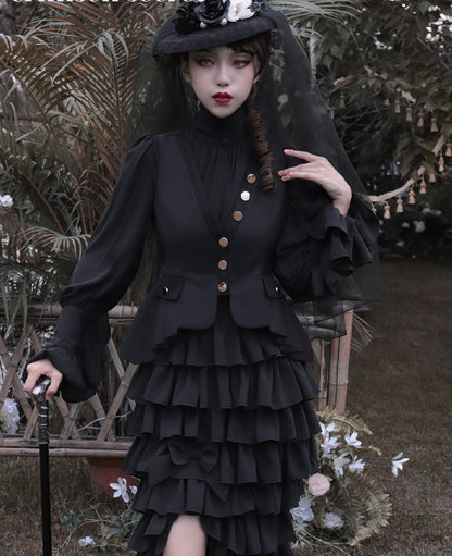 Black Flounce Cuffs Vintage Blouse Bishop Sleeves