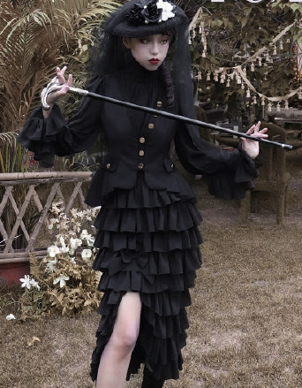 Black Flounce Cuffs Vintage Blouse Bishop Sleeves