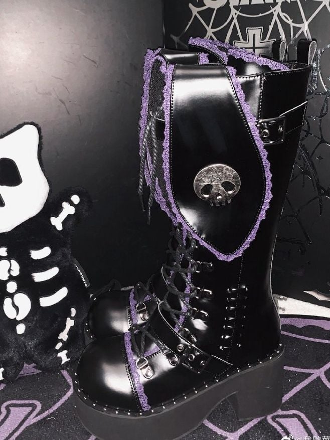 Bad Bunny Lace Trim Bunny Ears Platform Boots Black&Purple PU Gothic Shoes