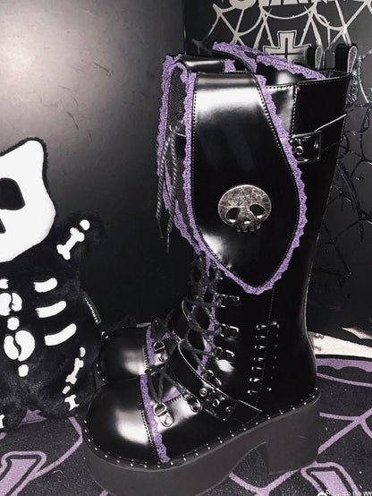 Bad Bunny Lace Trim Bunny Ears Platform Boots Black&Purple PU Gothic Shoes