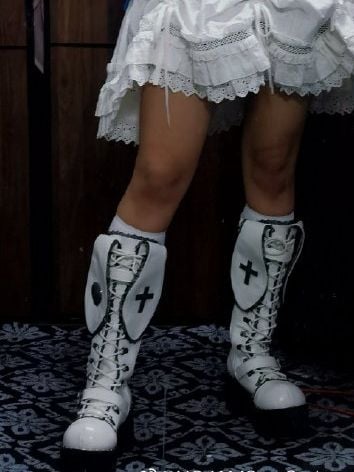 Bad Bunny Lace Trim Bunny Ears Design Punk White PU Gothic Platform Boots