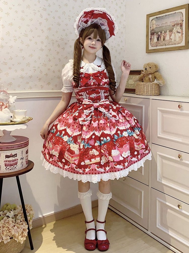 Strawberry and Dessert Print Red Sweet Lolita Dress