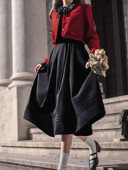 Black Bishop Sleeves Vintage Dress Ruffle Neckline