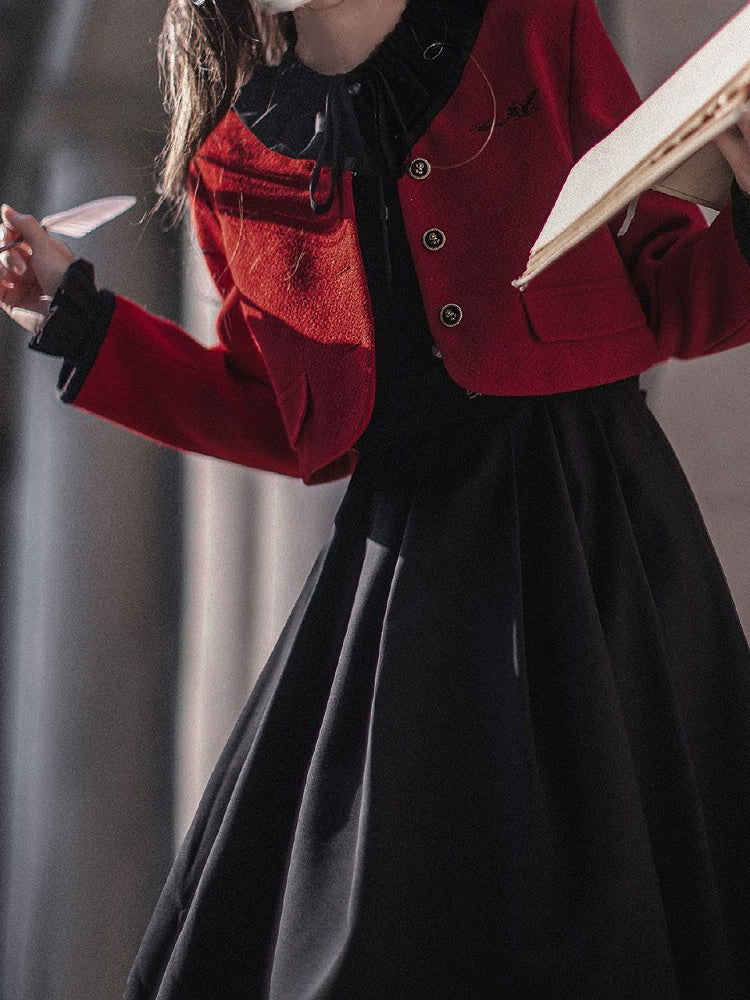 Black Bishop Sleeves Vintage Dress Ruffle Neckline