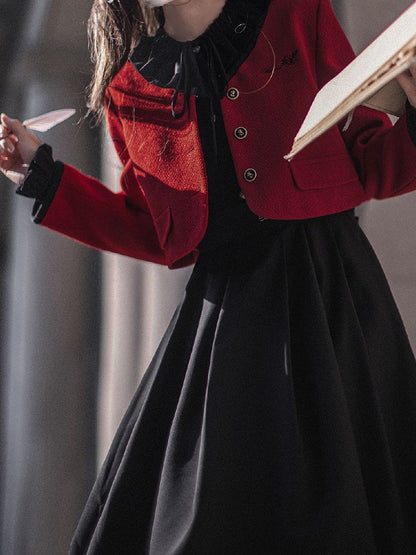 Black Bishop Sleeves Vintage Dress Ruffle Neckline