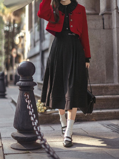 Floral Embroidery Red Tweed Jacket