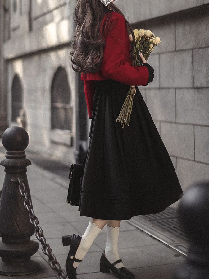 Black Bishop Sleeves Vintage Dress Ruffle Neckline