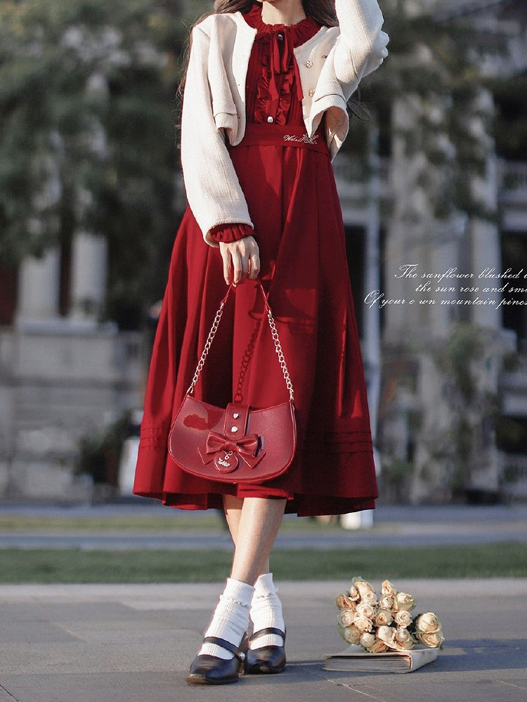 Wine Red Bishop Sleeves Vintage Dress Ruffle Neckline