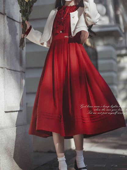 Wine Red Bishop Sleeves Vintage Dress Ruffle Neckline