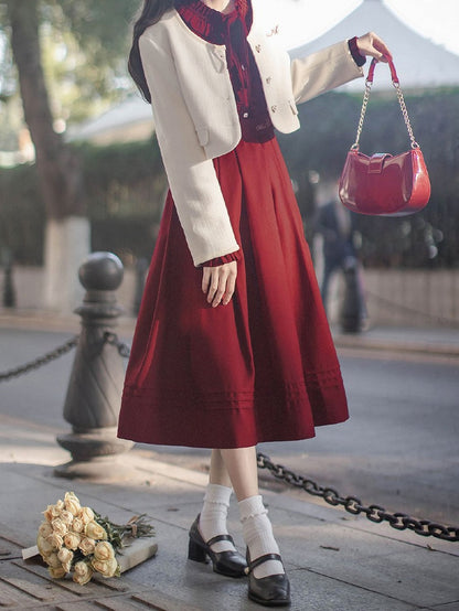 Wine Red Bishop Sleeves Vintage Dress Ruffle Neckline