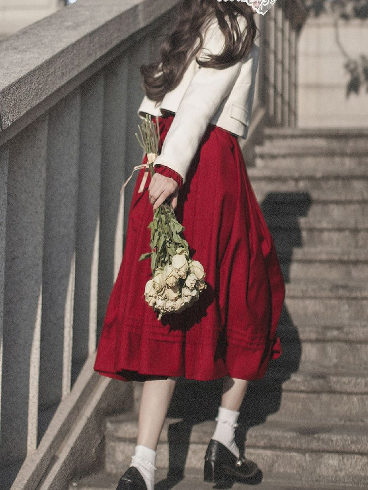 Wine Red Bishop Sleeves Vintage Dress Ruffle Neckline