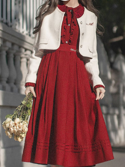 Wine Red Bishop Sleeves Vintage Dress Ruffle Neckline