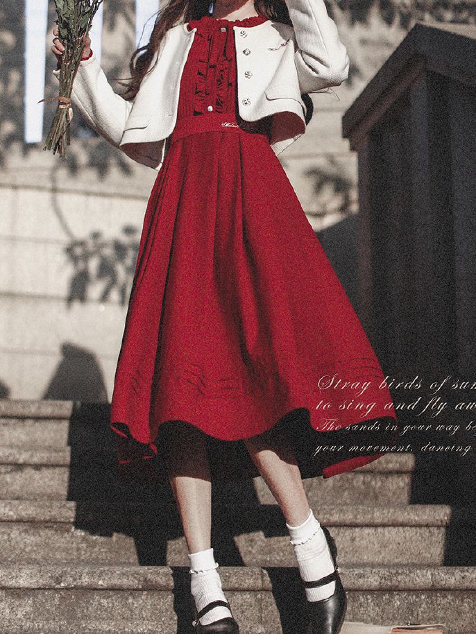 Wine Red Bishop Sleeves Vintage Dress Ruffle Neckline