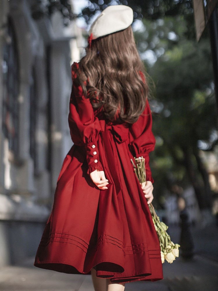 Wine Red Bishop Sleeves Vintage Dress Ruffle Neckline