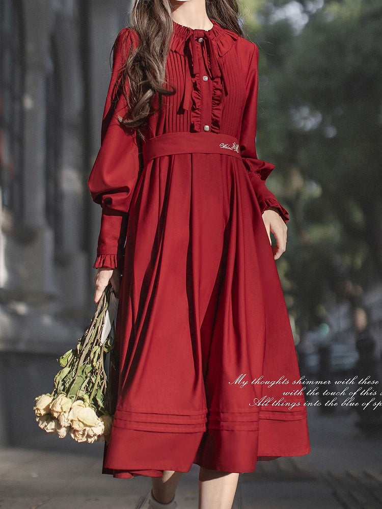 Wine Red Bishop Sleeves Vintage Dress Ruffle Neckline