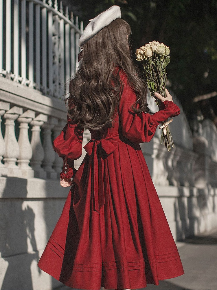 Wine Red Bishop Sleeves Vintage Dress Ruffle Neckline