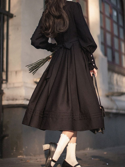 Black Bishop Sleeves Vintage Dress Ruffle Neckline