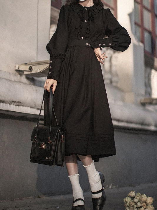 Black Bishop Sleeves Vintage Dress Ruffle Neckline