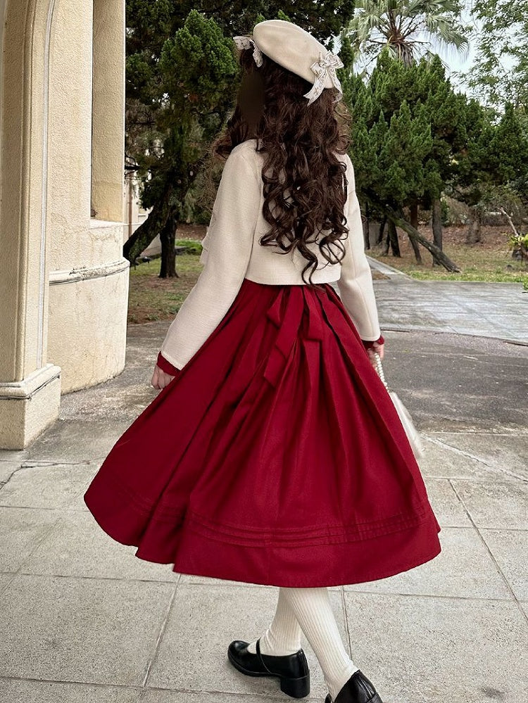 Wine Red Bishop Sleeves Vintage Dress Ruffle Neckline
