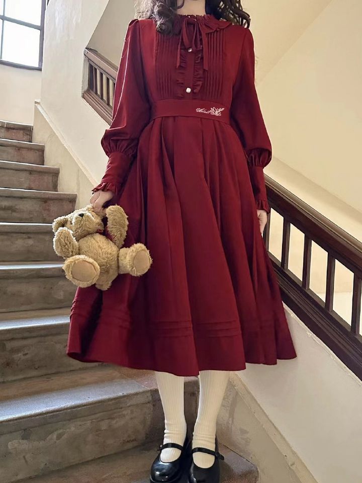 Wine Red Bishop Sleeves Vintage Dress Ruffle Neckline