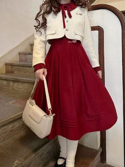 Wine Red Bishop Sleeves Vintage Dress Ruffle Neckline