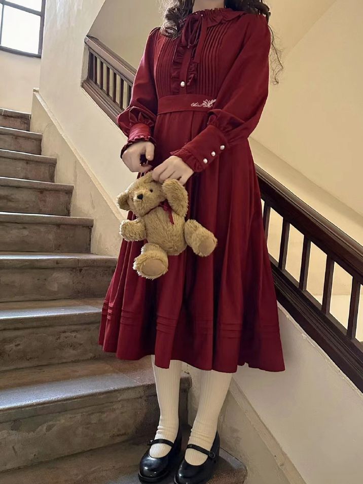 Wine Red Bishop Sleeves Vintage Dress Ruffle Neckline