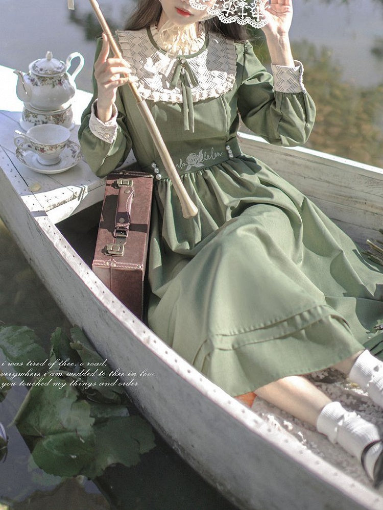 Floral Embroidery Green Vintage Dress Ruffle Neckline Puff Sleeves