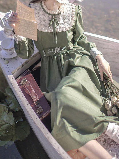 Floral Embroidery Green Vintage Dress Ruffle Neckline Puff Sleeves