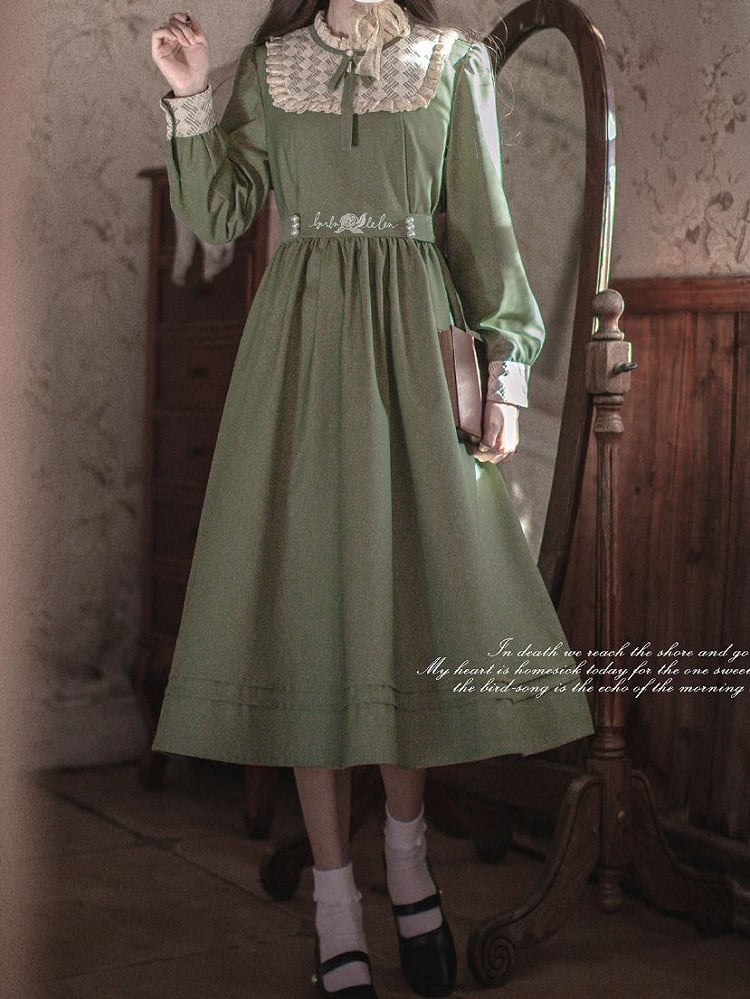 Floral Embroidery Green Vintage Dress Ruffle Neckline Puff Sleeves