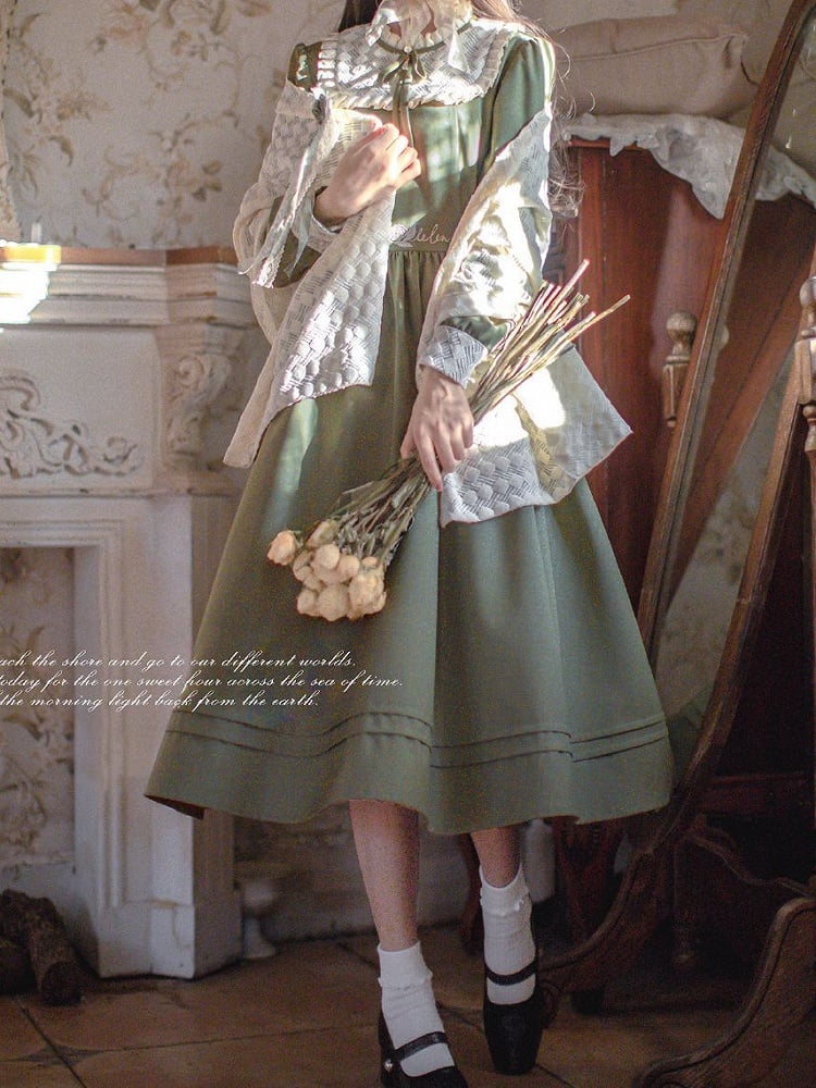 Floral Embroidery Green Vintage Dress Ruffle Neckline Puff Sleeves