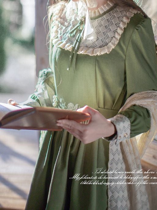 Floral Embroidery Green Vintage Dress Ruffle Neckline Puff Sleeves