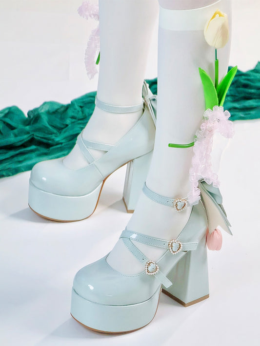 High Block Heel Sweet Green Mary Janes in PU - Removable Tulip Accent Bow with Bead-Embellished Clasp