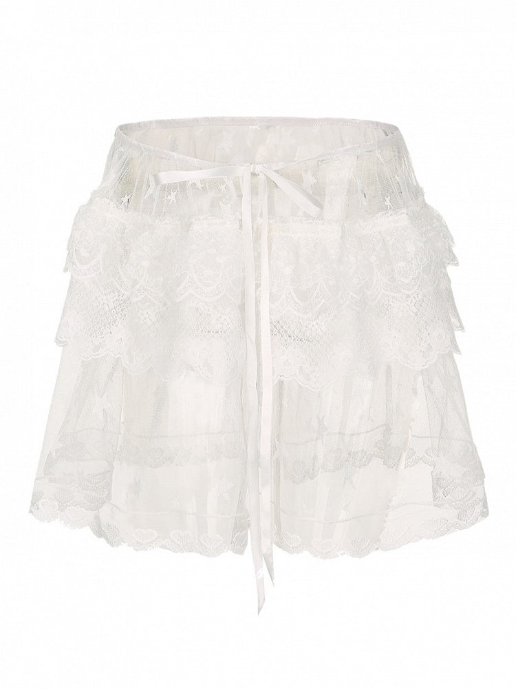 Plus Size Y2K White Sheer Overskirt with Floral & Star Embroidery