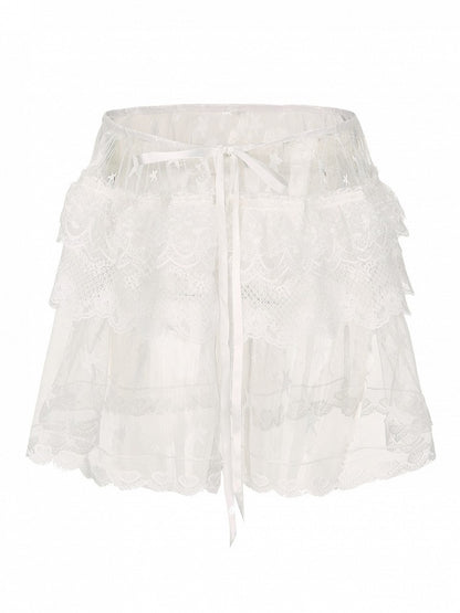 Plus Size Y2K White Sheer Overskirt with Floral & Star Embroidery