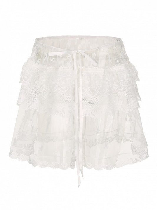 Plus Size Y2K White Sheer Overskirt with Floral & Star Embroidery