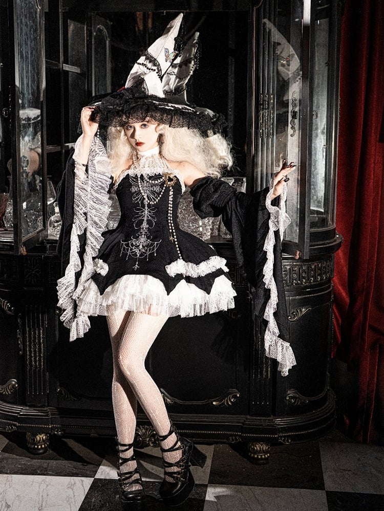 Black Cross Illusion Halter Neck Witch Lolita Backless Dress Gothic JSK Halloween Outfit