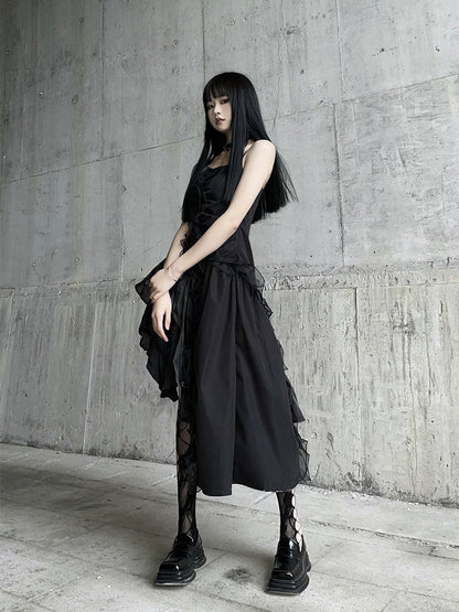 Black Asymmetrical Hem Flounce Trim Glamorous Cami Dress