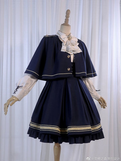 Dark Blue Underbust Classic Overalls Long Version + Cape Set