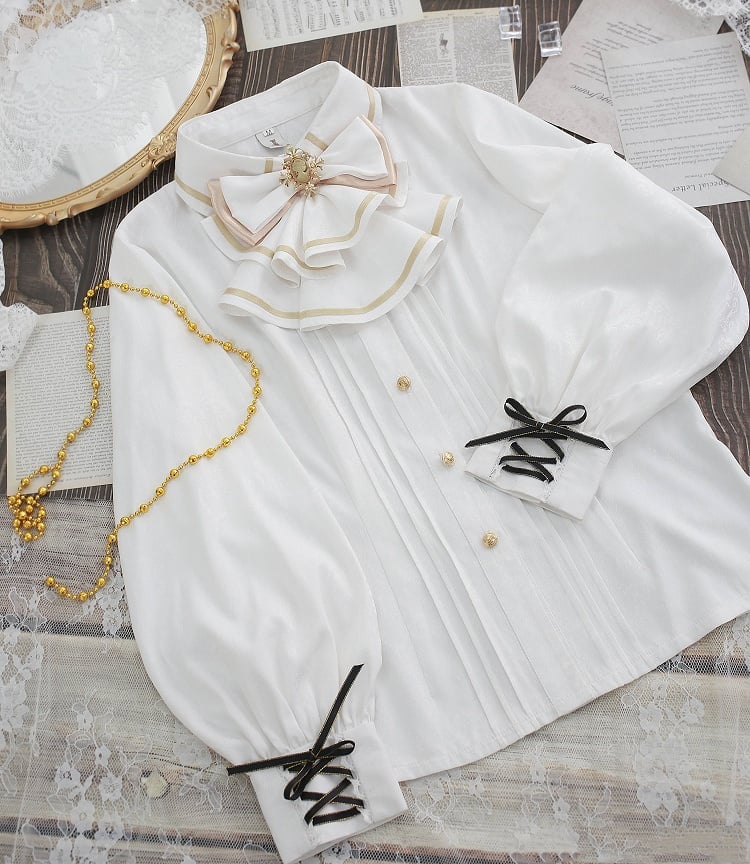 White Lace-up Cuffs Long Sleeves Shirt with Jabot Tie