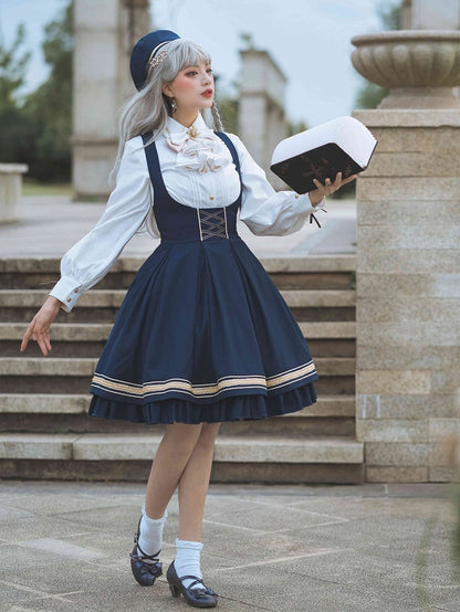 White Lace-up Cuffs Long Sleeves Shirt with Jabot Tie