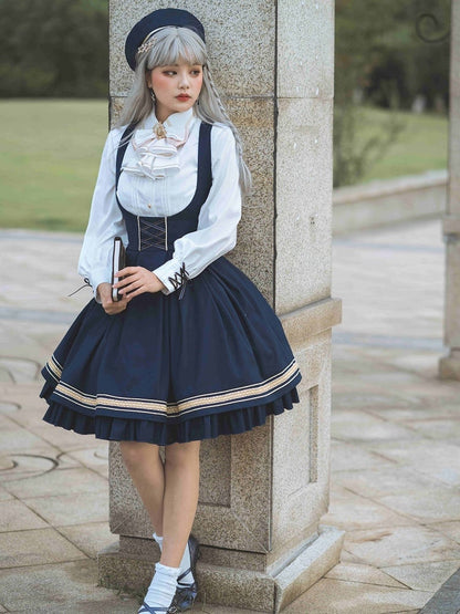 White Lace-up Cuffs Long Sleeves Shirt with Jabot Tie