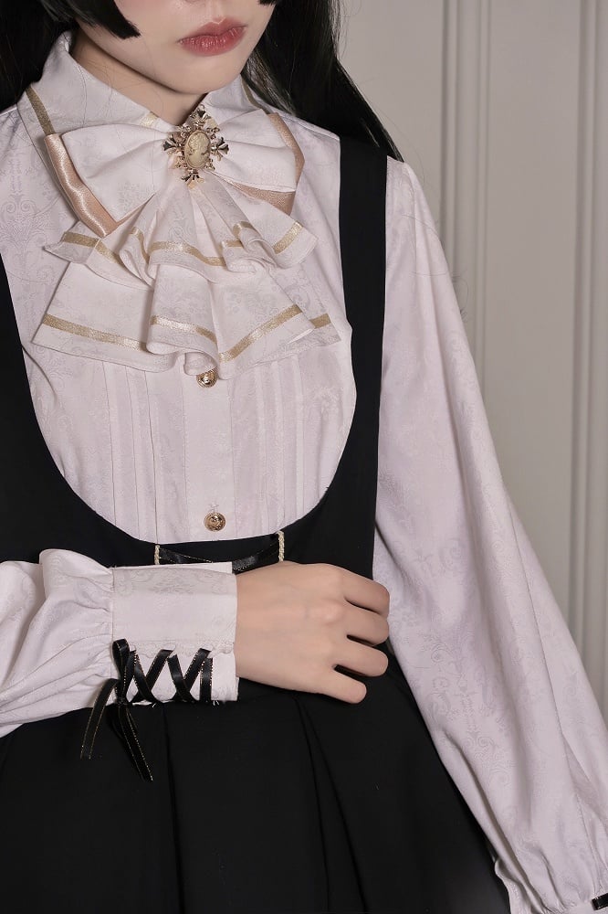 White Lace-up Cuffs Long Sleeves Shirt with Jabot Tie