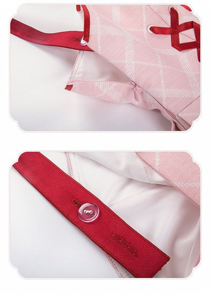 Pink and Red Trimming Lace-up Front Lolita Jumper Skirt