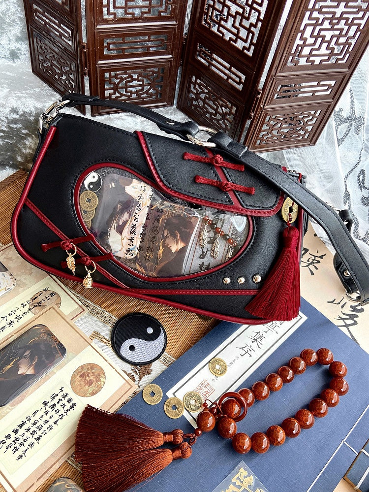 Heart Window Black and Red Qi/Han Style Ita Shoulder Bag Knot Buttons Design