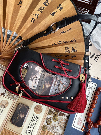 Heart Window Black and Red Qi/Han Style Ita Shoulder Bag Knot Buttons Design
