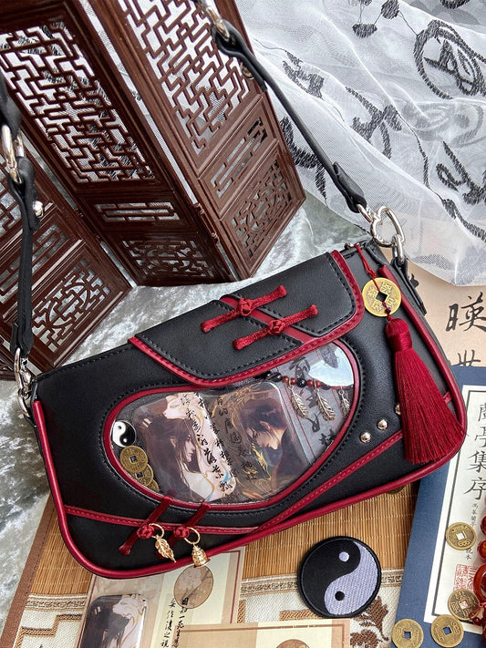 Heart Window Black and Red Qi/Han Style Ita Shoulder Bag Knot Buttons Design