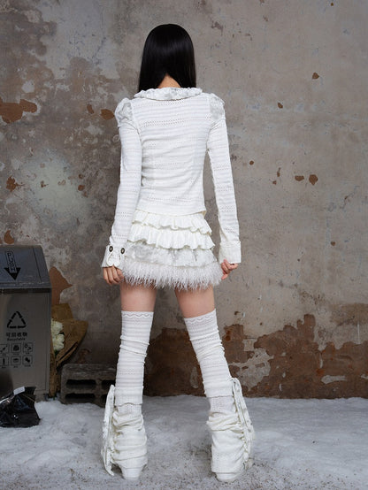 White Punk Tiered A-Line Skirt with Elastic Waist & Faux Fur Trim
