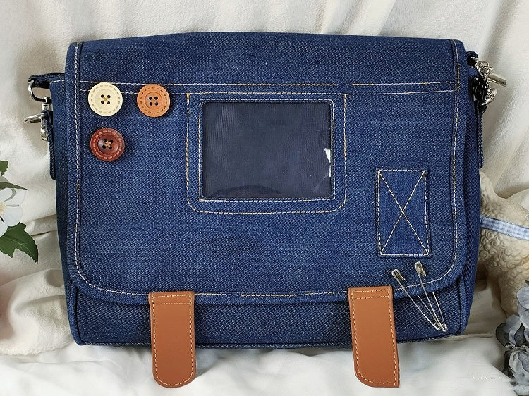 Buttons Decorated Dark Blue Denim Ita Bag