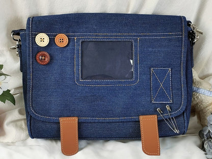 Buttons Decorated Dark Blue Denim Ita Bag