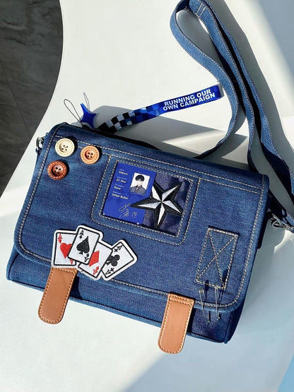 Buttons Decorated Dark Blue Denim Ita Bag